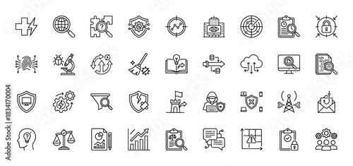 Cybersecurity line icon set. vector pictograms of protection, shield, virus, phishing, and vulnerability, thin outline illustration.