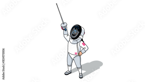 Futuristic fencer astronaut with digital helmet design in isometric style