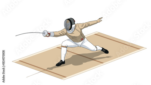 Dynamic fencing action in stylish isometric design on white background