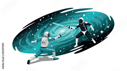 Futuristic space duel with laser swords in a cosmic swirl