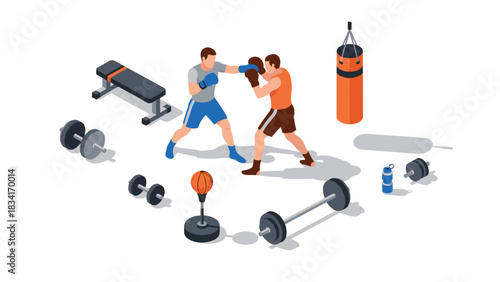 Isometric boxing training scene with equipment in a gym setting