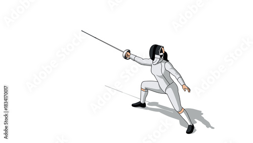 Female fencer in action pose with sword, isometric style, dynamic sports concept