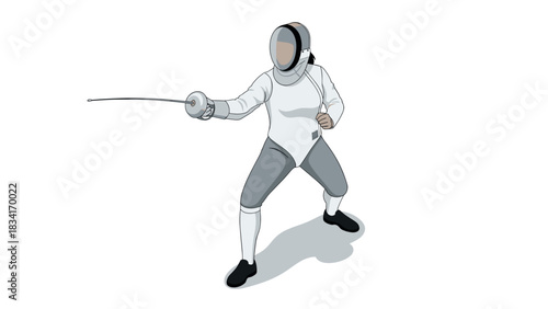 Fencing athlete in action pose with sword and protective gear