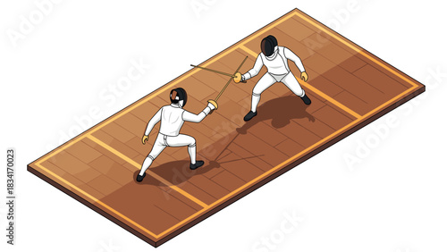 Isometric fencing duel on wooden platform: dynamic athletic competition