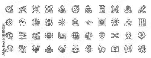 Cyber security and artificial intelligence line icon set. Vector pictograms of blockchain, biometric, data, and robot, thin outline illustration.