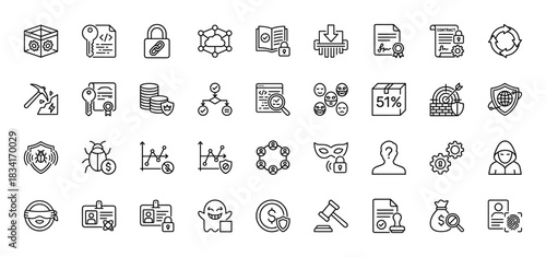 Cybersecurity line icon set. Vector pictograms of data mining, blockchain, authentication, and encryption, thin outline illustration.