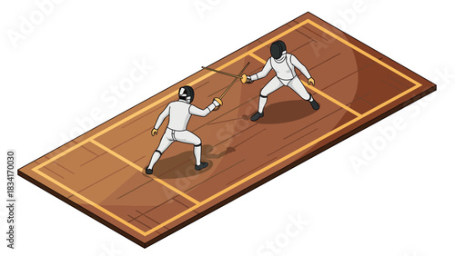 Isometric fencing match on wooden court with two competitors in action