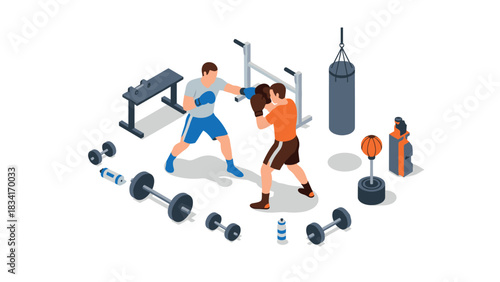 Isometric boxing training scene with equipment in gym setting
