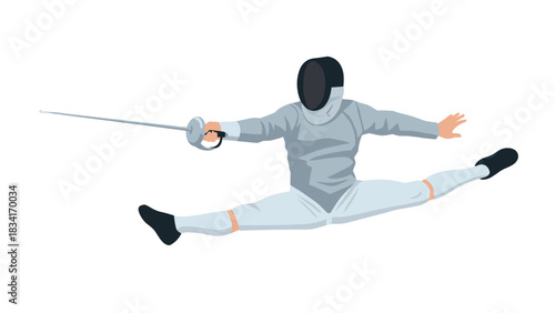 Dynamic fencing lunge pose with athlete in full gear performing split jump