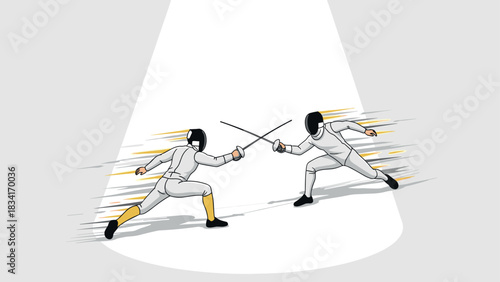 Dynamic fencing duel: two athletes in action under spotlight