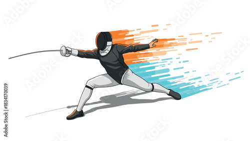Dynamic fencer in action with vibrant motion effect on white background
