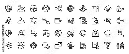 Cyber security line icon set. Vector pictograms of shield, lock, key, firewall, data protection, and thief, thin outline illustration.