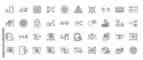 Cybersecurity and data protection line icon set. Vector pictograms of access control, firewall, encryption, and secure network, thin outline illustration.