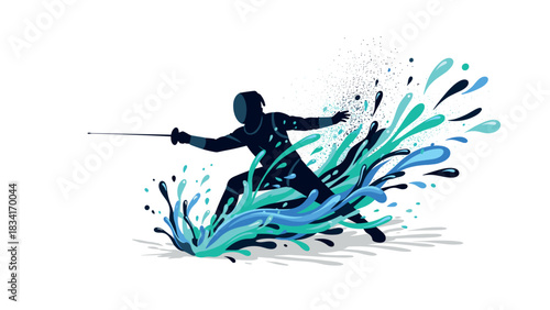 Dynamic fencing splash with abstract water elements in energetic silhouette style