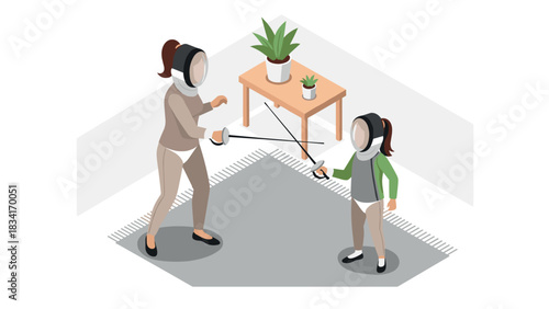 Isometric scene of mother and child fencing at home