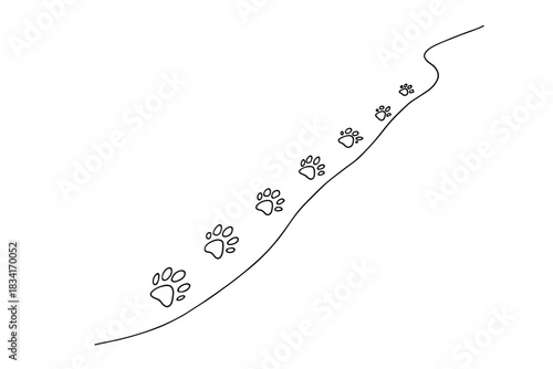 Tracks in Snow. Animal tracks in snow. Minimalistic one-line drawing of a trail of animal tracks in snow,