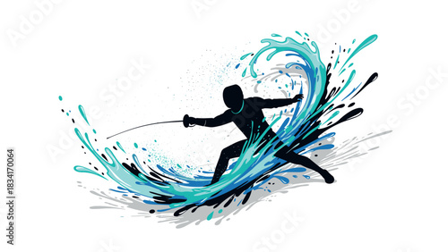 Dynamic swordsman silhouette striking through water splash in motion
