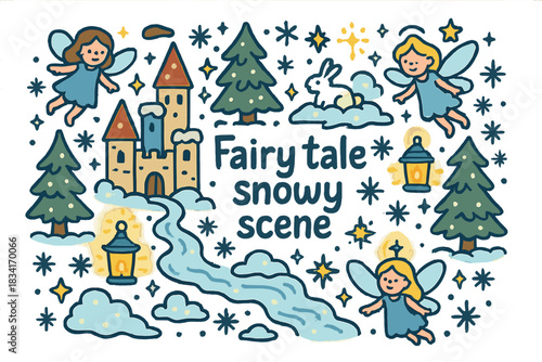 Fairy Tale Wonderland. Fairy tale snowy scene. Hand-drawn doodle illustration of Fairy tale snowy scene.