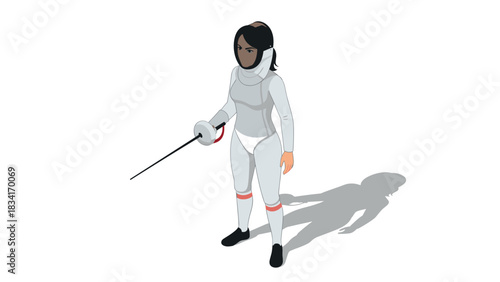 Isometric fencer in action: woman with epee and protective gear