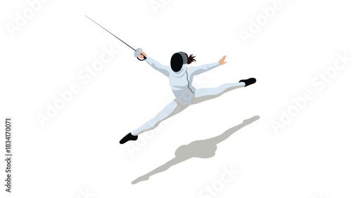 Dynamic fencer in mid-air leap with rapier