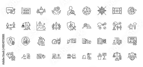 Business and regulation line icon set. Vector pictograms of legal justice, data security, artificial intelligence, and corporate strategy, thin outline illustration.