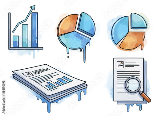 Business data melting icons with charts, graphs, and documents