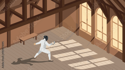 Isometric fencing practice in sunlit attic: athlete in action