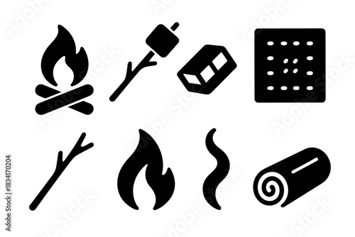 Winter Campfire Icons. Winter campfire snack. Filled icon set of Winter campfire snack: campfire, marshmallow,