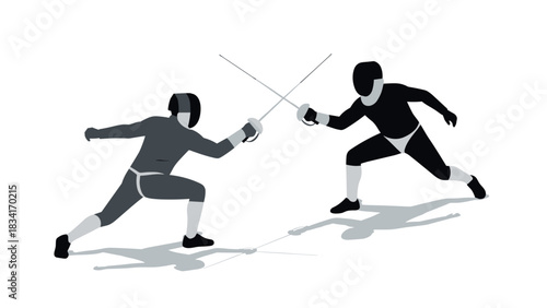 Dynamic fencing duel: two fencers engaged in intense sparring match