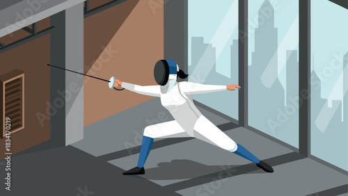 Fencer practicing in modern urban gym with natural light streaming through windows