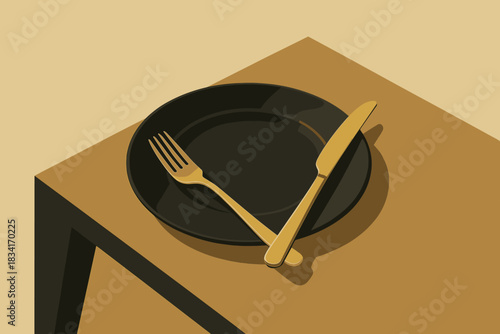 Minimalist Luxury Dining. Minimal luxury table minimalist flat illustration of sleek black plates with golden
