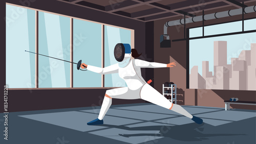 Dynamic fencing scene in modern gym with cityscape view