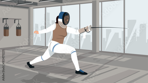 Fencing athlete in action at indoor gym with city view