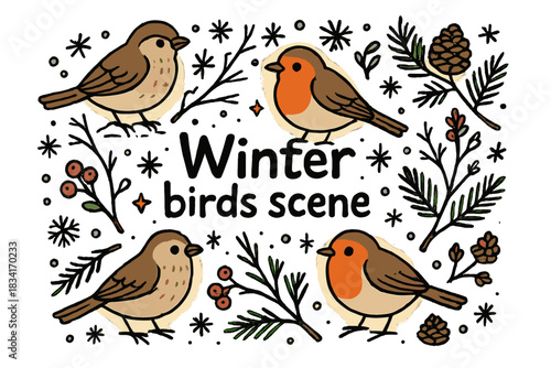 Winter Birds Wonderland. Winter birds scene. Hand-drawn doodle illustration of Winter birds scene. sparrows,
