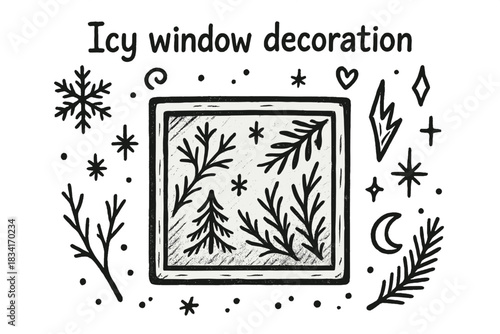 Frosted Winter Wonder. Icy window decoration. Hand-drawn doodle illustration of Icy window decoration. Central