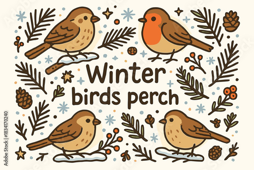 Winter Birds Illustration. Winter birds perch. Hand-drawn doodle illustration of Winter birds perch. sparrows,