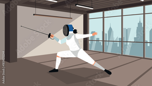 Fencer practicing in modern gym with city view in background
