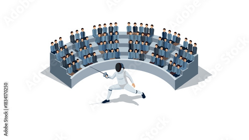 Fencer competing in front of spectators in an isometric arena