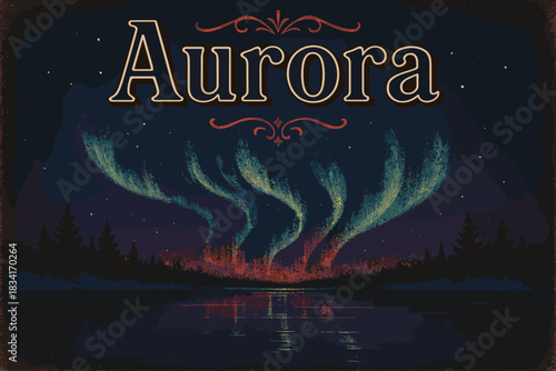 Vintage Aurora Reflection. Aurora reflected on frozen lake. vintage serif script, shadowed outlines, aged