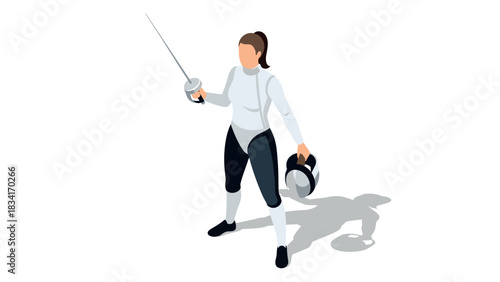 Isometric female fencer with helmet and sword on white background
