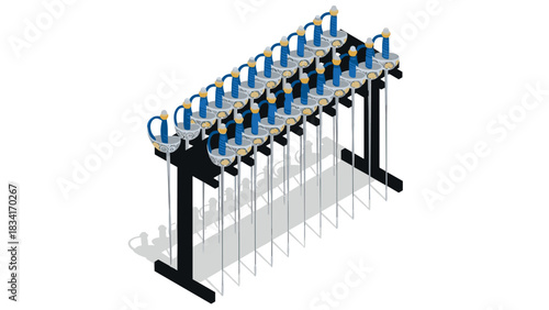Isometric sword display stand with multiple medieval weapons in rows