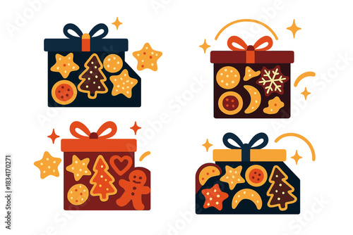 Festive Cookie Gift Boxes. Cookies in gift boxes. Assorted holiday cookies arranged neatly in colorful gift