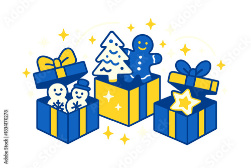 Festive Cookie Magic. Decorated cookie gifts. Colorful boxes holding festive cookies, floating spark icons and