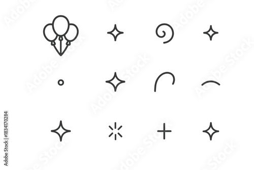 Festive Balloon Icons. Cozy festive balloons. Line outline icon set of Cozy festive balloons: balloon cluster,