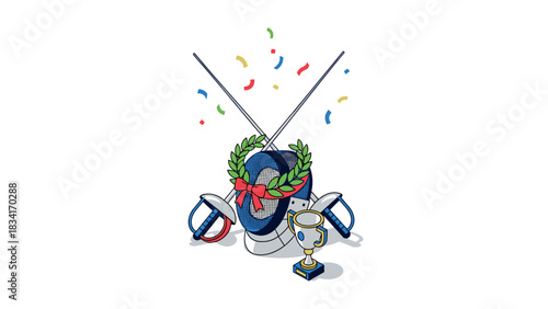 Fencing championship celebration: mask, sabers, and trophy with confetti in isometric design