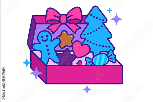 Festive Treat Box. Festive treat box. Gingerbread cookies, chocolate stars, and candy shapes inside a gift box