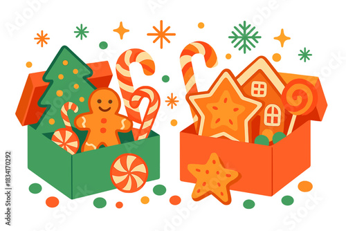 Festive Cookie Gift Boxes. Christmas cookie assortment. Gift boxes filled with decorated cookies and candies,