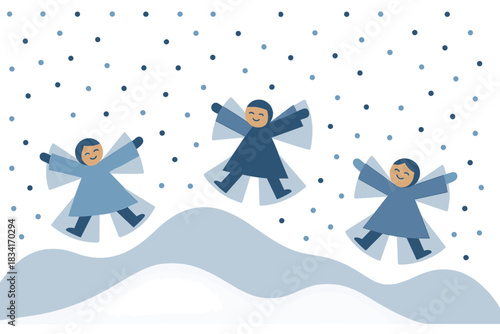 Winter Snow Angels. Winter Playtime. Flat minimalist vector illustration of Winter Playtime. Geometric