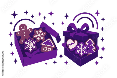 Festive Cookie Delight. Winter cookie presents. Gingerbread and iced cookies in holiday boxes, abstract spark