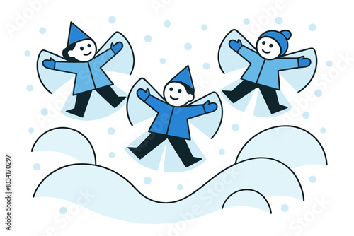 Children's Snow Angels. Children Making Snow Angels. Flat minimalist vector illustration of Children Making